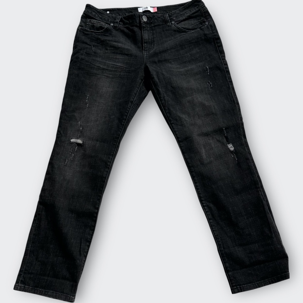 Cabi Slim Boyfriend Jeans Shadow Wash Black Distressed Stretch Denim Women 12